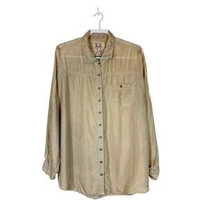 Pete & Greta Cupra Button Down Blouse Sz LG Long Roll Tab Sleeve Johnny Was Boho